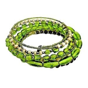 Hand Made 7 Strand Memory Wire Wrap Bracelet Green and Cream Czech Glass Beads